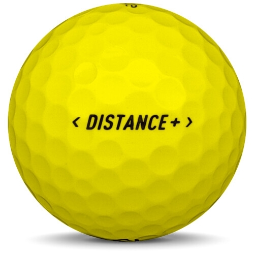 Golfboll av modellen TaylorMade Distance+ i 2018 års version med gul färg från sidan